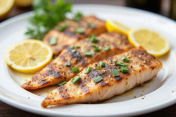 close up grilled fish fillet with lemon slices on a white plate, served in a restaurant