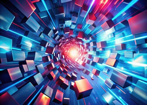 Blue and red rectangles chaotically swirl in this abstract drone shot, a digital vortex of motion.
