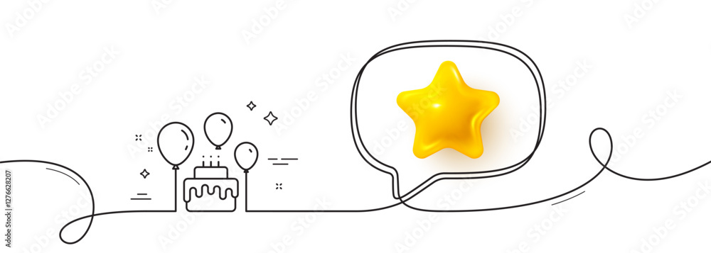 Poster cake line icon. continuous line with 3d star. birthday events sign. party celebration symbol. 3d sta