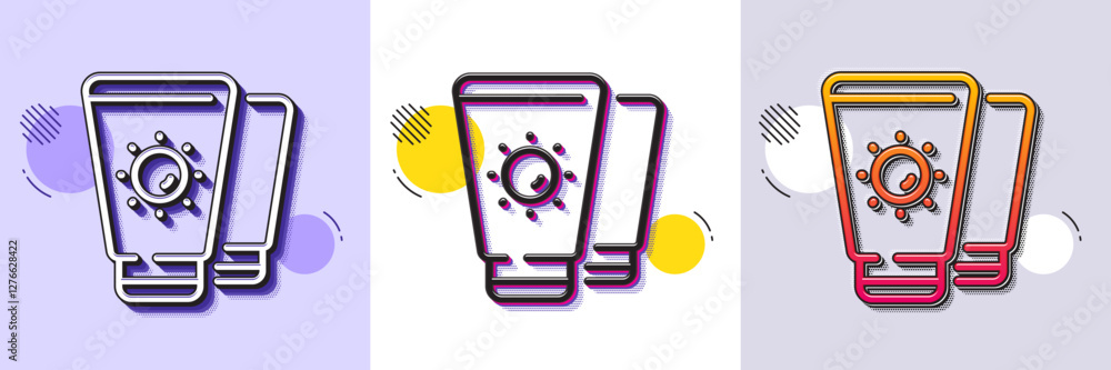 Poster sunscreen line icon. halftone dotted pattern. gradient icon with grain shadow. sun cream sign. sunbl