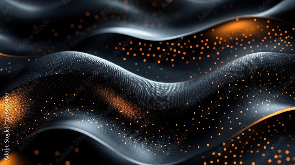 Poster black and orange abstract wavy lines with glowing dots on dark background