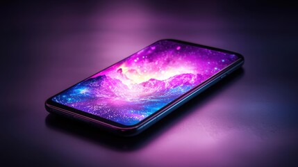 Smartphone displaying a vibrant nebula like image, showcasing cosmic colors and textures. The phone rests on a dark surface under dramatic lighting.