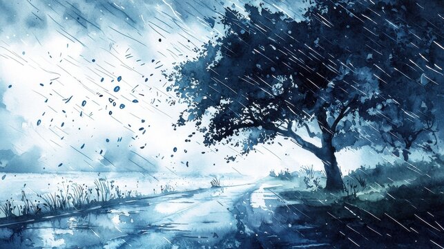 A solitary tree stands on a road during a stormy day. Blue and gray tones dominate the landscape. Rain and wind are visible. The style is painterly.