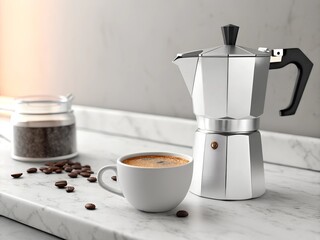 Coffee preparation using a moka pot on a marble countertop alongside freshly brewed espresso and coffee beans in a cozy kitchen setting