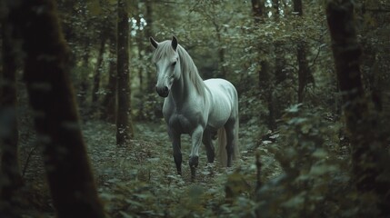 Majestic white horse walking through dense forest, surrounded by lush greenery and tall trees