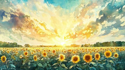 Fototapeta premium Vibrant Watercolor Painting of a Sunflower Field Under a Bright Sunny Sky
