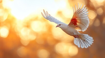 Obraz premium White dove soaring sunset bokeh peace hope
