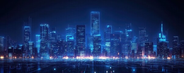 Futuristic city skyline at night with illuminated skyscrapers and digital grid