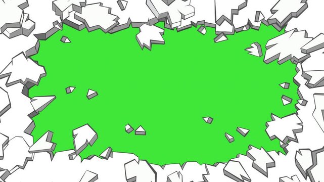Cartoon animated breaking glass with cracks
 flying through the screen on a green chroma key background.