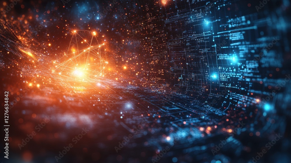 Poster glowing spherical network in a futuristic digital universe with bright starry elements