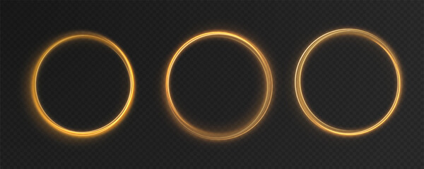 Magical golden ring with glowing light swirls, spark trails, and radiant reflections. A detailed vector illustration featuring a neon-inspired circular glow, futuristic speed effects