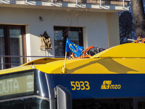 European Union Flag on Solaris Urbino 18 Bus, Reflecting Urban Transportation and European Integration