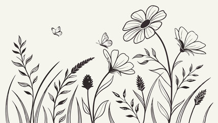 Black and white illustration, delicate floral design, simple line drawings, wildflowers, daisies, leaves, stems, botanical sketch, minimalist garden scene, whimsical butterflies, nature-inspired artwo