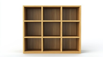 Wooden bookshelf with nine open cubes on white background