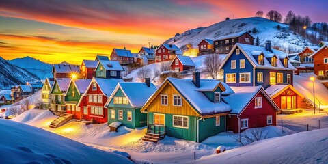 Naklejka premium Colorful houses hug a snow-dusted hill at twilight, a scenic winter dream.