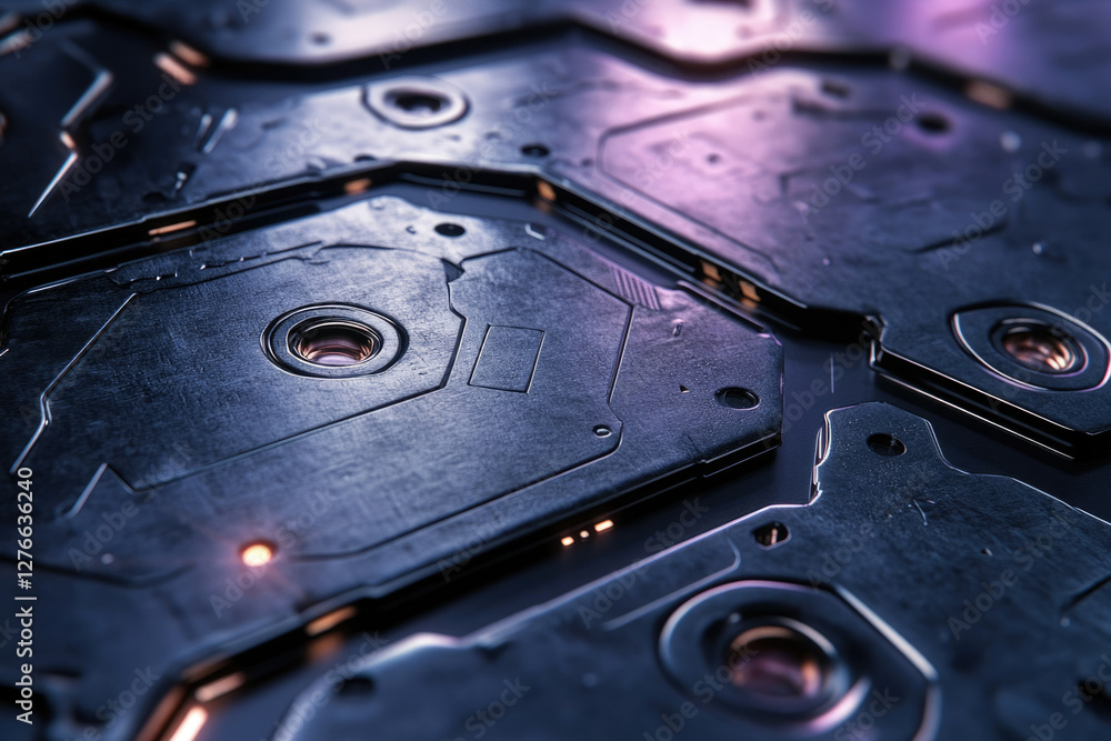 Poster close-up of a futuristic metallic surface with intricate details and glowing elements.
