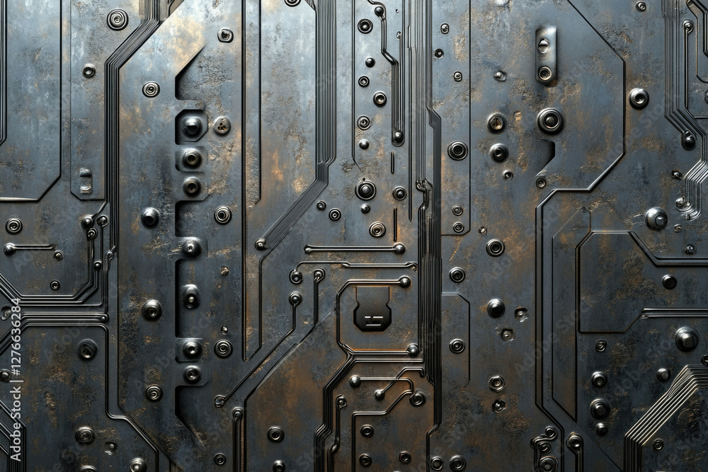 Poster rusty metallic circuit board texture with intricate pathways and rivets, evoking a steampunk aesthet