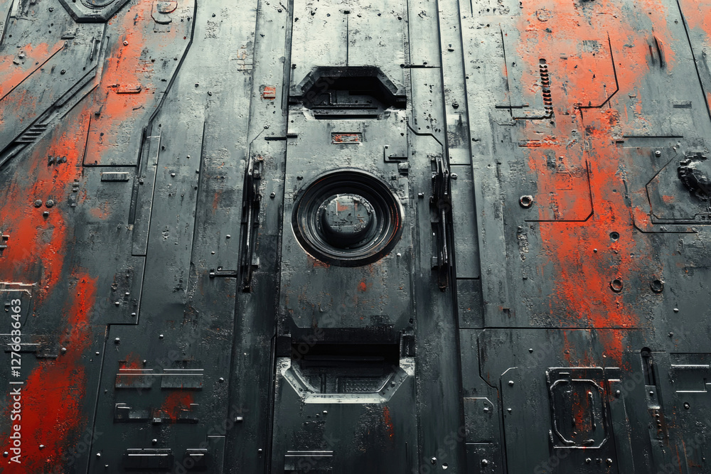 Poster worn metallic spaceship panel with orange accents, intricate design, and central circular element.