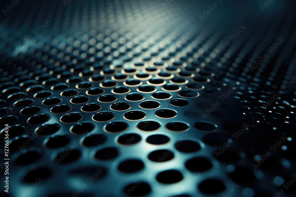 Aufkleber Abstract close-up of a dark metallic surface with a pattern of evenly spaced circular holes.