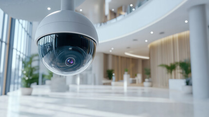 Modern dome security camera monitors a sleek, well-lit commercial building for safety