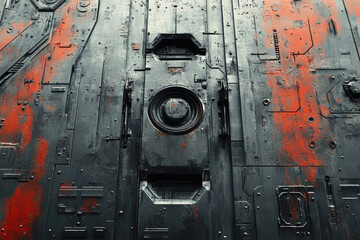 Worn metallic spaceship panel with orange accents, intricate design, and central circular element.