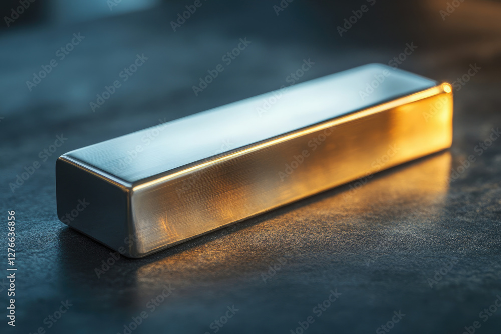Poster a gleaming metallic bar rests on a dark surface, reflecting light.