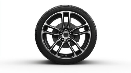 Detailed view of a black alloy car wheel with modern design on white background