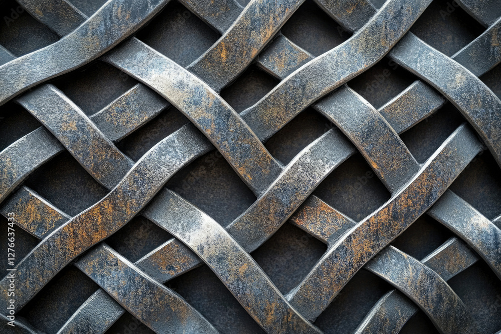 Poster intricate woven metal pattern with a dark gray and gold finish, creating a visually appealing textur