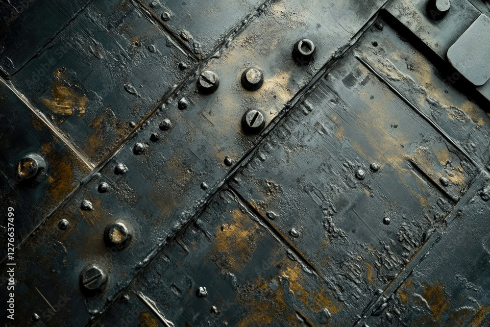 Poster dark metallic surface with rivets and gold accents, showing texture and age.