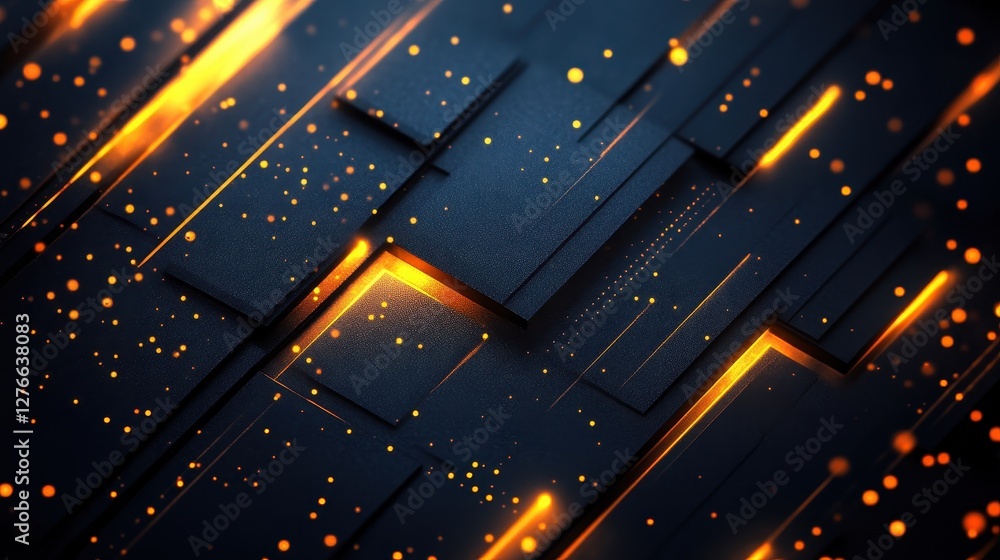 Poster glowing abstract digital pattern with dynamic orange and black geometric shapes