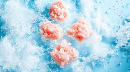 Fototapeta premium Fresh seafood cubes resting on ice, surrounded by a cool blue background, ideal for culinary use