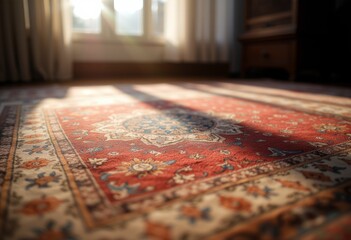  Richly patterned red and gold rug bathed in natural light from a nearby window