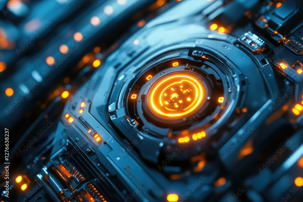 Poster Close-up of a futuristic technological device with glowing orange circuits and metallic components.