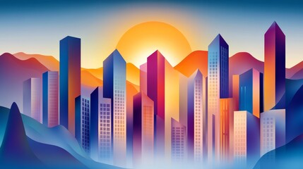 Vibrant city skyline at sunrise with colorful buildings against mountain backdrop