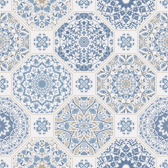 Seamless colorful patchwork. Hand drawn background. Azulejos tiles patchwork. Traditional ornate Portuguese and Spanish decorative tiles azulejos. Abstract background. Ceramic tiles. Vector