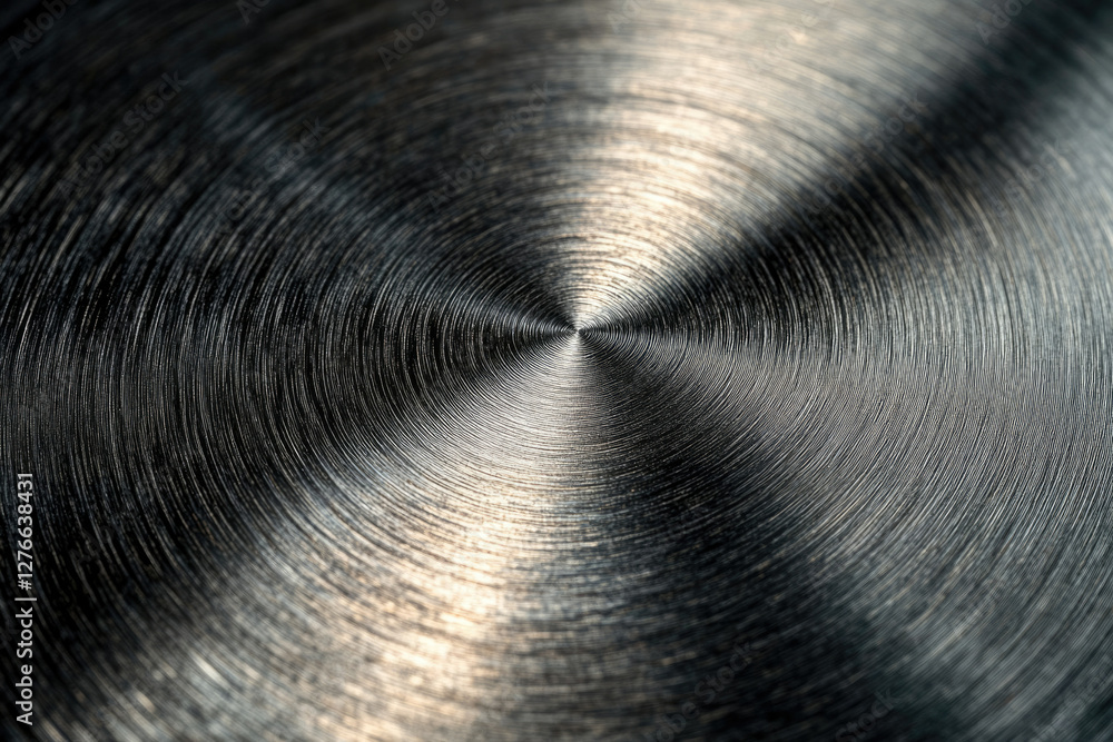 Aufkleber close-up of concentric circular brushed metal texture, showing a dark gray metallic surface with fin