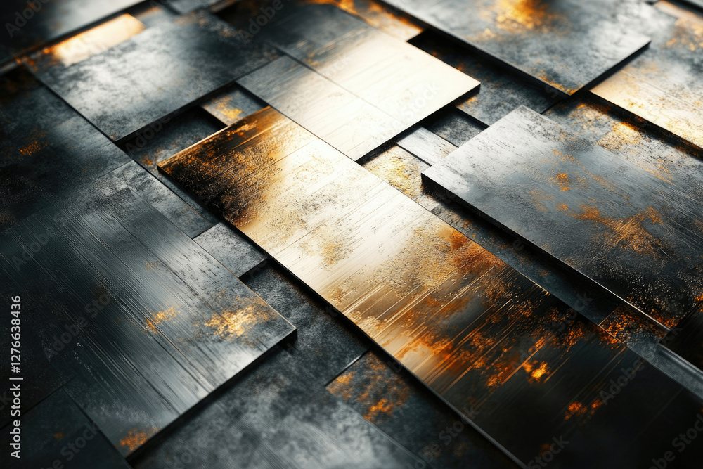 Poster abstract background of overlapping metallic plates with dark grey and gold accents.