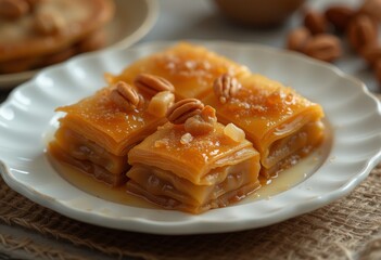  Golden pastry squares with caramelized nuts served on an ornate white dish
