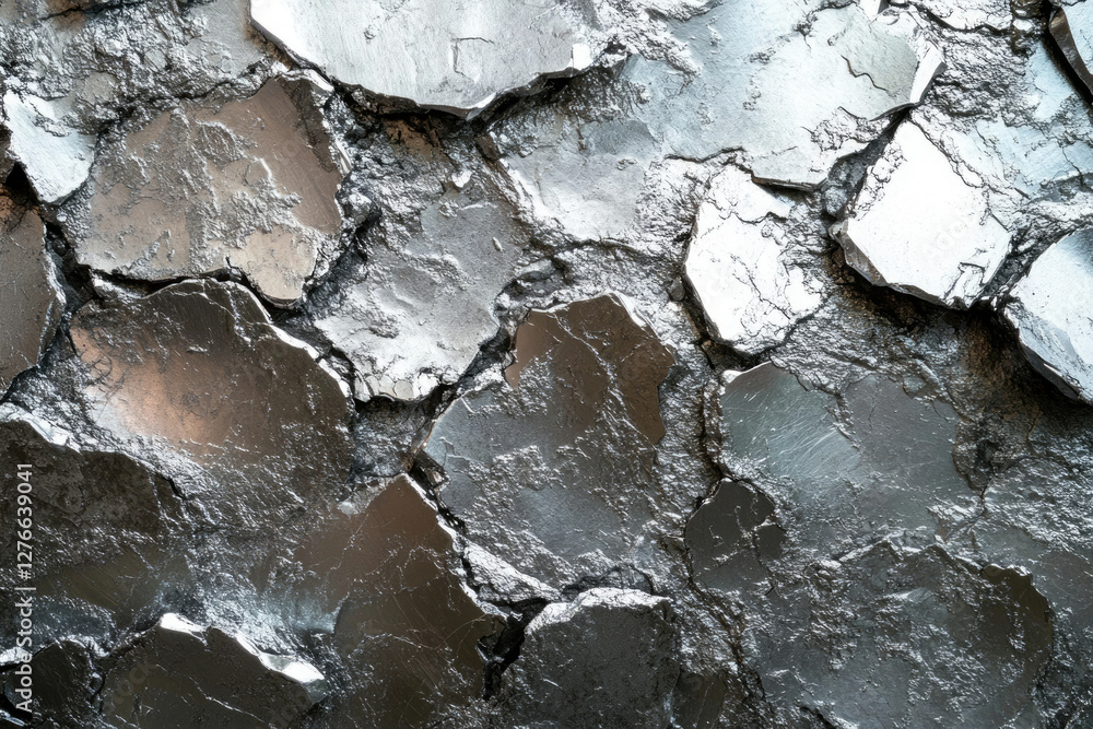 Poster silver textured surface, cracked and fragmented, showing metallic sheen and irregular shapes.