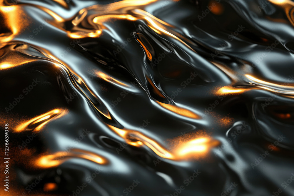 Poster abstract image of dark, glossy, flowing liquid with golden highlights, creating a luxurious and eleg