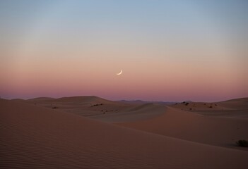 Fototapeta premium Serene desert landscape with a crescent moon in the twilight sky