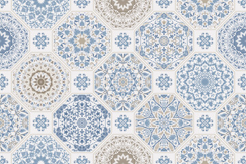 Seamless colorful patchwork. Hand drawn background. Azulejos tiles patchwork. Traditional ornate Portuguese and Spanish decorative tiles azulejos. Abstract background. Ceramic tiles. Vector