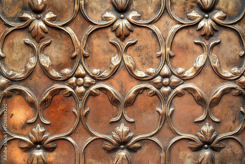 Poster ornate copper metalwork with embossed floral and leaf patterns, showing intricate detail and aged te