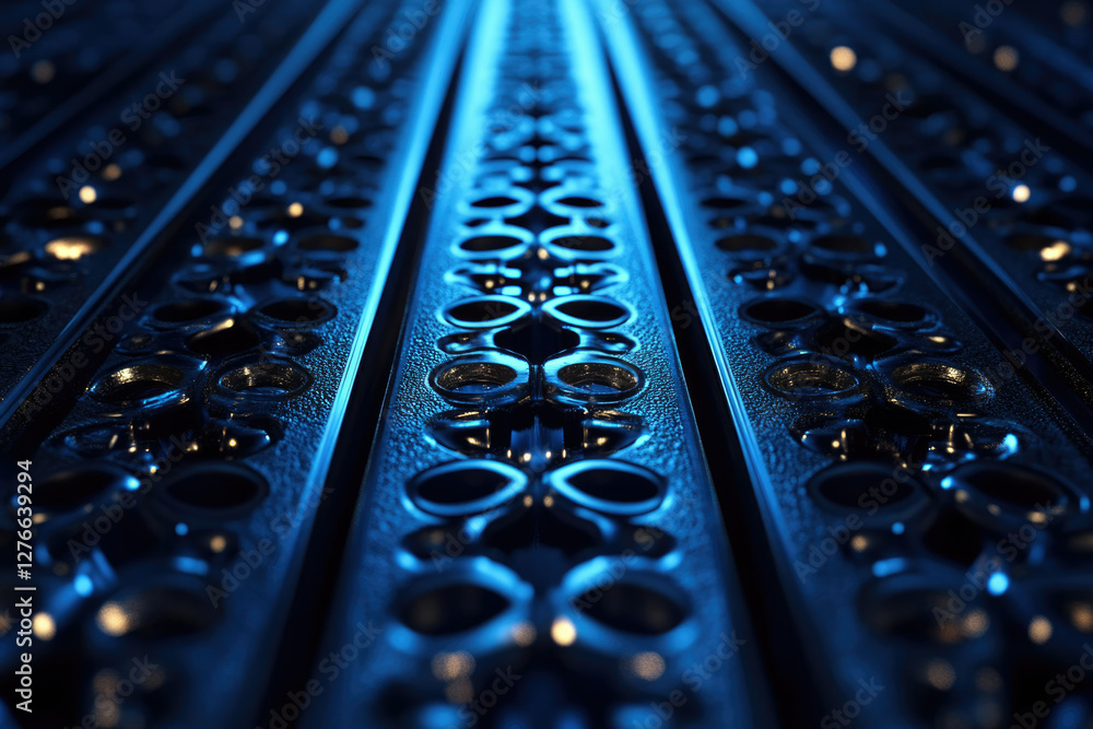 Poster Abstract close-up of dark blue metallic surface with repeating ornate pattern and holes, creating a textured background.
