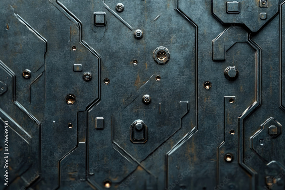 Poster dark metallic texture with circuit-like patterns, screws, and rusted accents.