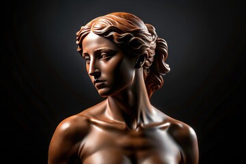 Dark chocolate sculpture, a decadent Venus, graces a black background. Gourmet pastry artistry in a still life food photograph.