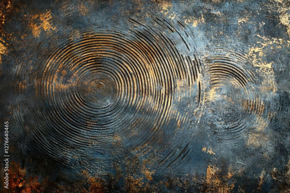 Poster abstract dark metallic texture with concentric circles and gold accents.