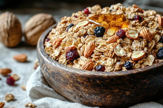 Granola Delight: A rustic wooden bowl brimming with homemade granola, a delightful mix of oats, nuts, and dried fruits, offering a tempting glimpse into a healthy and satisfying breakfast or snack.