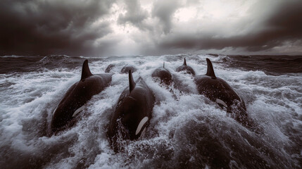 Pod of orcas navigating stormy ocean waves under dramatic sky.