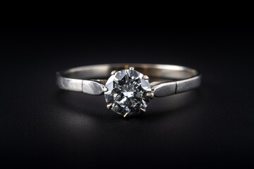 white gold ring with diamond on black background.